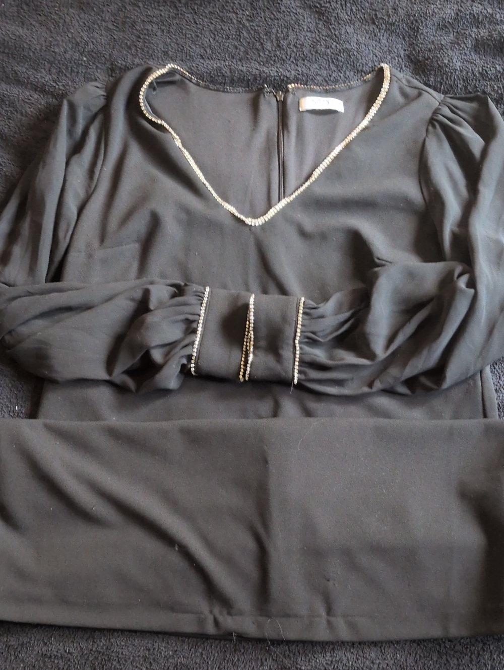 Suzy Shier Black Long Sleeve Dress with Beaded Trim